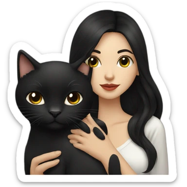 Russian woman with long black hair kissing black cat sticker