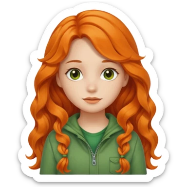orange wavy long hair girl with wearing green cottage core clothes sticker
