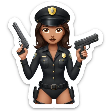 A sexy girl. with caramel skin. Dark brown hair and brown eyes. She has freckles. Wearing sexy makeup. Dressed as a sexy cop. wearing lingerie and heels. Holding a gun sticker