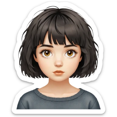 woman with editorial short french bob haircut tousled textured messy wavy hair short straight-across blunt baby bangs very messy hair sticker