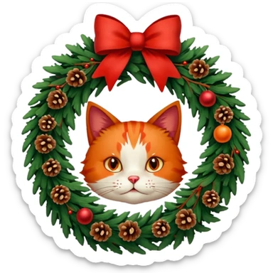 A Christmas wreath made entirely of fir trees, decorated with a red bow at the bottom, pine cones and Christmas tree balls, and a cat poking its face through the hole in the center. sticker