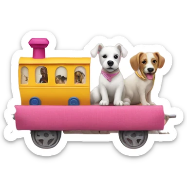 A dog riding a fabric train with yellow cabins and a pink headDog riding a train made of fabric sticker