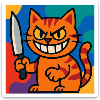 a mischievous cat with a knife and a wide menacing grin, cartoon style, bold colorful illustration sticker