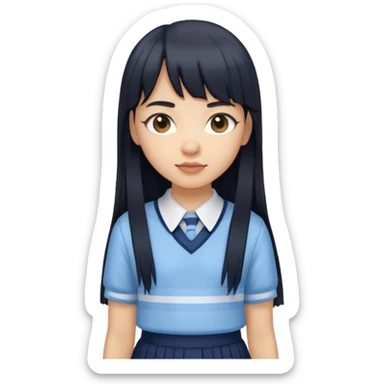 hair : black long hair with fringe 
skin : light 
cloth : light blue stripe shirt + navy long long school girl skirt



 sticker