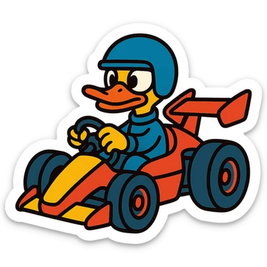 cartoon duck driving a race car in vibrant toon style sticker