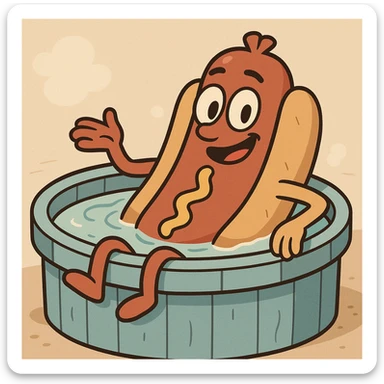 a cute cartoon hotdog relaxing in a hot tub, playful and whimsical style sticker