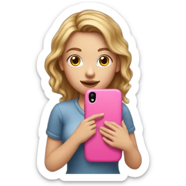 a white girl holding a pink cell phone sticker