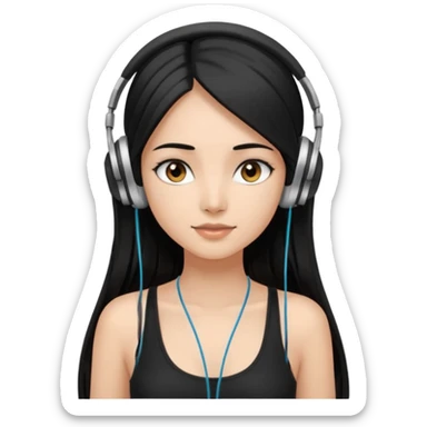 a fair indian girl with straight black long hair, wearing a black cami top. and wearing silver  headphones on sticker