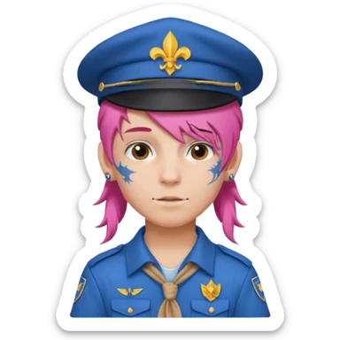 scout boy long hair face tatooes pink haired, wearing blue uniform with hat sticker