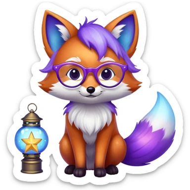 a small magical fox with shimmering purple and blue fur, a glowing fluffy tail, a silver star on its forehead, round glasses, and a tiny lantern. ❤️ sticker