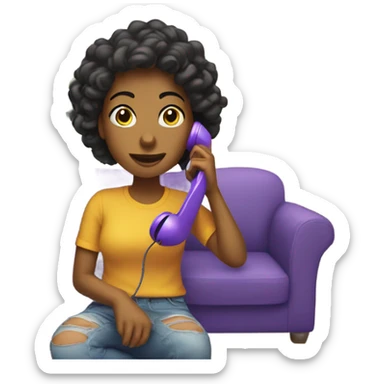 a girl using a purple phone in the living room of her house sticker