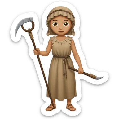 Emoji portrait of a Greek peasant. Rough chiton dress, holding a scythe, tired expression. sticker