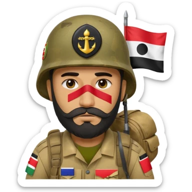 A very tired and sad, swarthy Iraqi soldier with a beard, an Iraqi flag on his helmet, a sad expression and bags under his eyes sticker