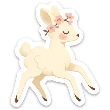 vanilla-colored cloud doe with rosy cheeks, cherry blossom crown, floating gracefully with witch-like elegance, brand identity mascot for social media sticker