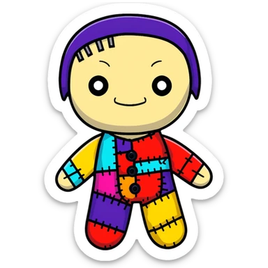 A colorful voodoo doll with patchwork fabric in bright colors, decorative buttons for eyes, and colorful pins sticking out of it sticker