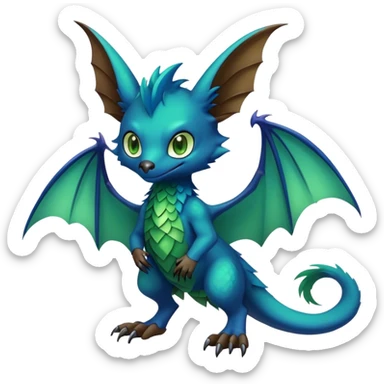 Cute cool fantasy animal hybrid bat-Sergal-Digimon-Fakemon full body, green scales, brown eyes, blue feathers sticker