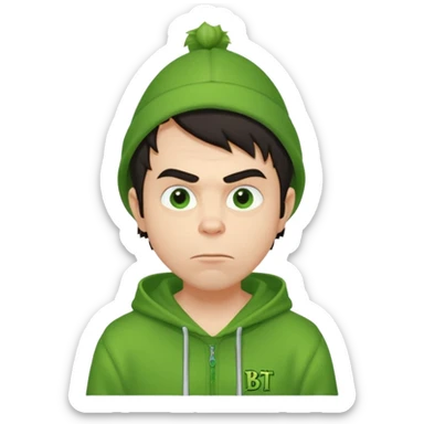 Create an avatar of white European with dark hair  male in hoodie with ``BST`` letters on it. Make background to look like from movie Grinch. make him look to left side sticker