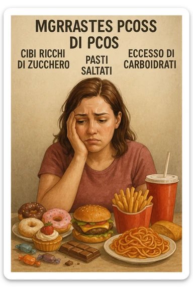 vertical realistic illustration in Italian: woman with PCOS making diet mistakes, surrounded by unsuitable diet foods, frustrated expression, captions in Italian, aspect ratio 2:3 sticker
