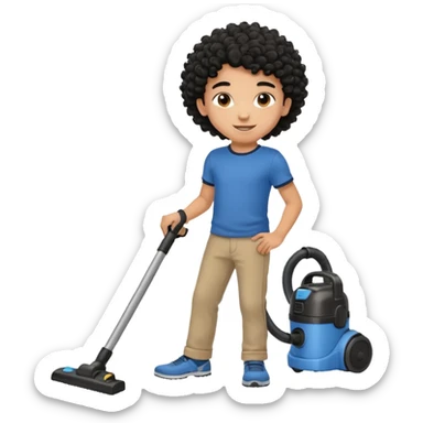 Emoji to encourage kids to do chores - should contain something about house chores, ok replace the broom with a vaccum make it atheltic boy 8 years old - egyptian with curly hair but not too curly -  sticker