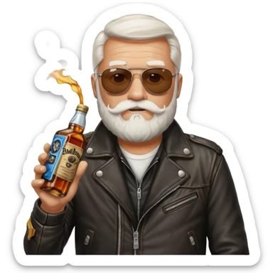 Un motero de barba blanca, gafas oscuras chupa de cuero y bebiendo de una botella de Jack Daniel's. sticker