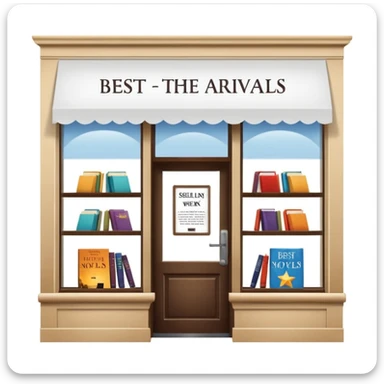 Bookstore window display. A sign displays “New Arrivals This Week”. Below, a shelf tag with the text “Best-Selling Novels Here”.  sticker