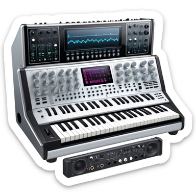 Create a professional and detailed emoji that represents sound design equipment. The design should feature a high-end Korg synthesizer, a sound mixing console, and a control panel with audio cables connecting to large studio speakers. Surround the equipment with sound waves made of musical notes to symbolize the creative process of shaping sound. Use sleek colors like silver, black, and neon accents to highlight the high-tech nature of the equipment. The background should be transparent. sticker