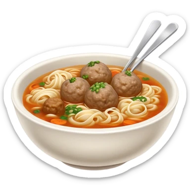 Cinematic Realistic Bakso Dish Emoji, showcasing savory meatball soup with noodles rendered with detailed textures and warm, inviting lighting. sticker