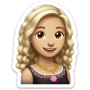 Slavic girl, light skin, brown eyes, black-to-blonde ombre straight tail, smiling with teeth, wearing beautiful dark blouse with a folk pattern of small pink flowers and gold necklace. sticker