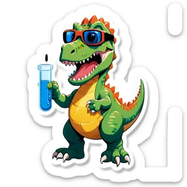 dinosaur holding a test tube with safety goggles sticker