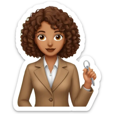 brown lady with medium brown mid length curly hair in real estate job with house sticker