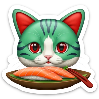 emoji di un gatto che tiene del sushi in mano, è verde con gli occhi azzurri ed un papillon rosso sticker
