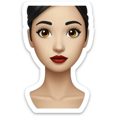 straight black hair,red lipstick,black eyes, white skin and a small nose sticker