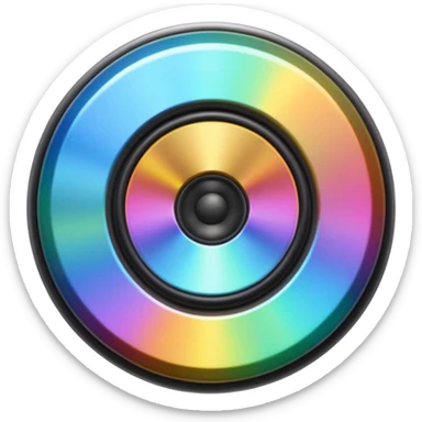 A speaker emoji 🔊 with a smooth CD-like surface that reflects iridescent colors shiny plastic body, prismatic reflections shifting across the front, soft sparkles and light gleams, holographic sheen, clean simple shape, bright colorful highlights sticker
