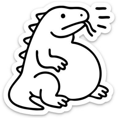 An outline of a chubby komodo dragon with motion lines indicating hiccups, oversized belly sticker