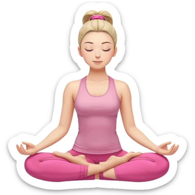 caucasian woman with high ponytail in lotus position meditating, eyes closed, peaceful expression, pink yoga clothes sticker