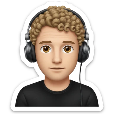curly dark blonde haired man with hazel eyes, wearing a black top and black gaming headphones sticker