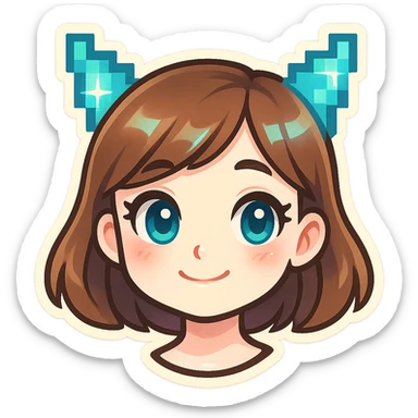 cute girl in Telegram sticker style, very pale skin, neat facial features, large expressive eyes, soft smile, pixel or digital elements like pixel ears or holographic details, white background, head only without neck sticker