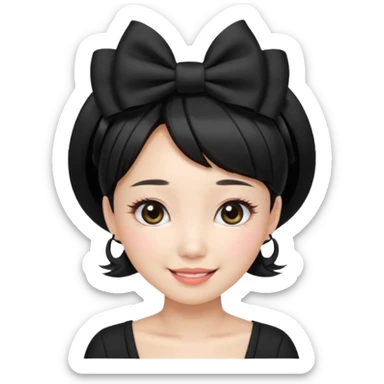 Korean woman with black cute  cut with a black top and a bow on her head with long lashes sticker