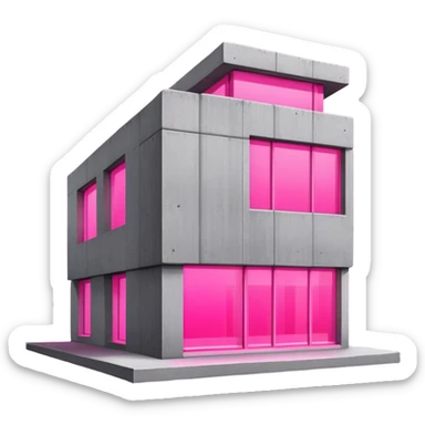 Minimalist concrete building with one window glowing bright pink, brutalist architecture sticker