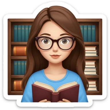 clean beautiful girl long brown hair, wear glasses cat eye, reading a book sticker