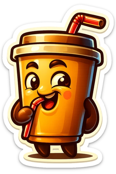Tall coffee cup, amused, giggling, mischievous, drinking coffee with straw, looking sideways sticker