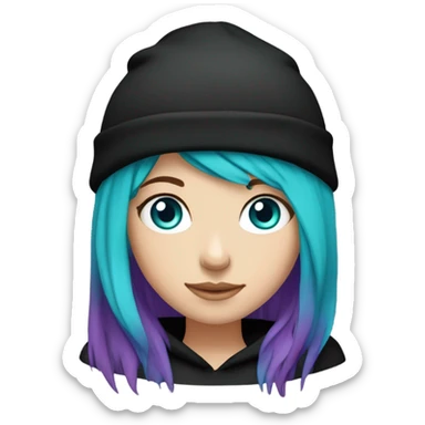 White girl, black hoodie, long teal and purple hair, black beanie hat, blue eyes sticker