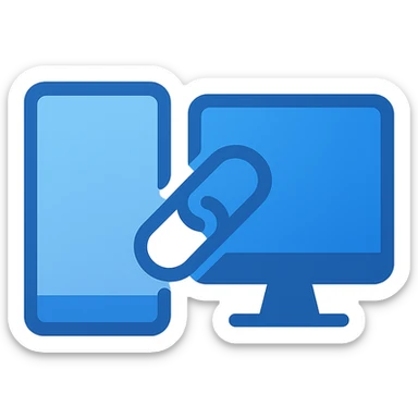 Create a very simple flat color clip art style icon showing a phone and a PC monitor with a link or connection between them. Use the three blue shades from the flat blue palette. The style is minimal and clean with no text, on a transparent background. sticker