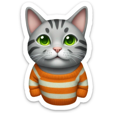 A striped grey cat with green eyes with orange sweater in full growth sticker