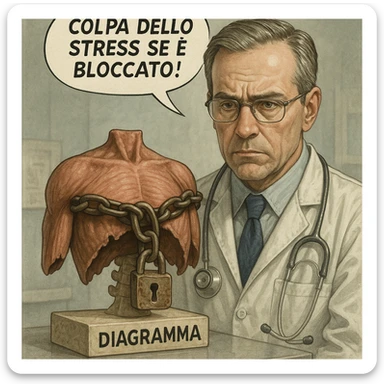 hyper realistic doctor with an anatomical model of a diaphragm locked by a rusty chain, serious expression, comic with the phrase 'Colpa dello stress se è bloccato!', realistic details, clinical atmosphere sticker