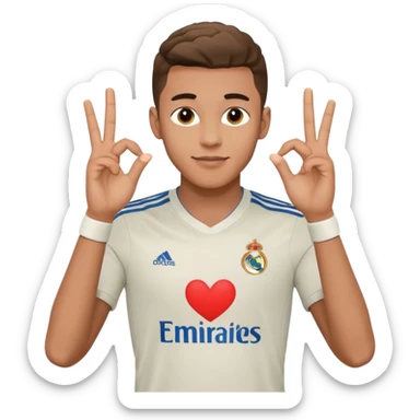 Jude Bellingham, English footballer, making a heart gesture with his hands, in Real Madrid kit, emoji style sticker