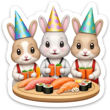 four cute bunny rabbits eating sushi at a birthday party, festive, colorful, party hats, birthday decorations, emoji style sticker