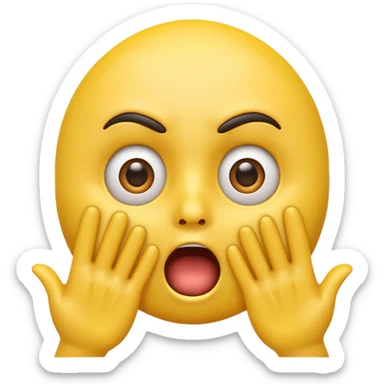 A 3D glossy yellow emoji of a shocked horrified face, with mouth and eyes are wide open, eyebrows  raised, and hands against their face, black background, high quality, soft studio lighting sticker