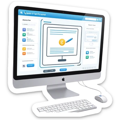 Create an emoji for UX/UI design. Show a computer screen displaying a wireframe or user interface design with buttons, icons, and text fields. Add design tools like a cursor or stylus. Use modern, professional colors. Do not include any emojis or smiley faces. Make the background transparent. sticker
