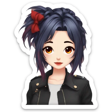 Gorgeous anime style lady with blushing face aesthetic and pretty edgy black red punk hair with hair garment trending style sticker